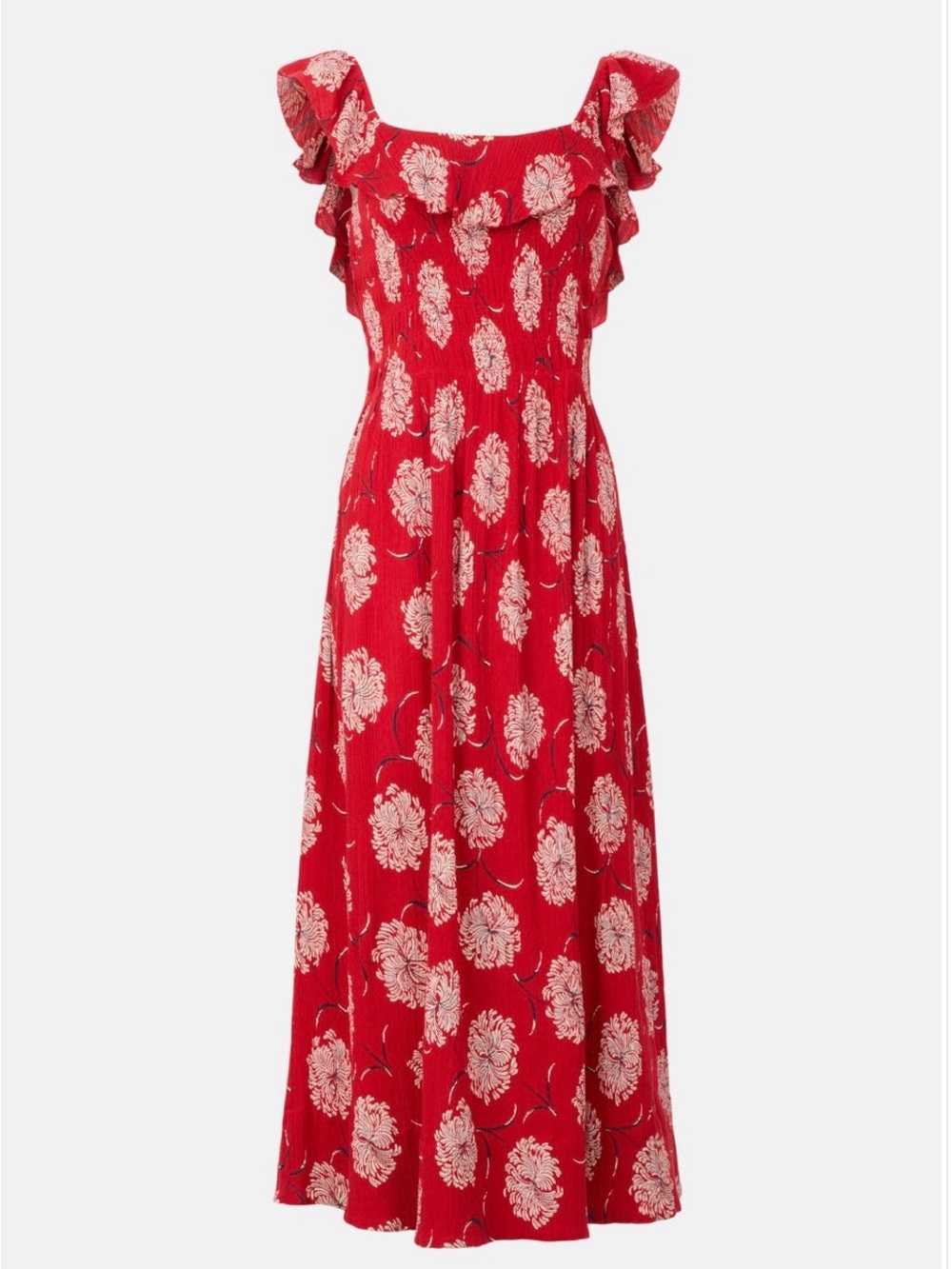 THE GREAT. Red Floral Ruffle-Trim Maxi Dress